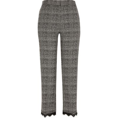 Grey check lace trim trousers